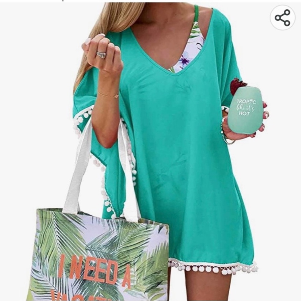NWT Adreamly teal beach cover up with Pom poms L/XL New